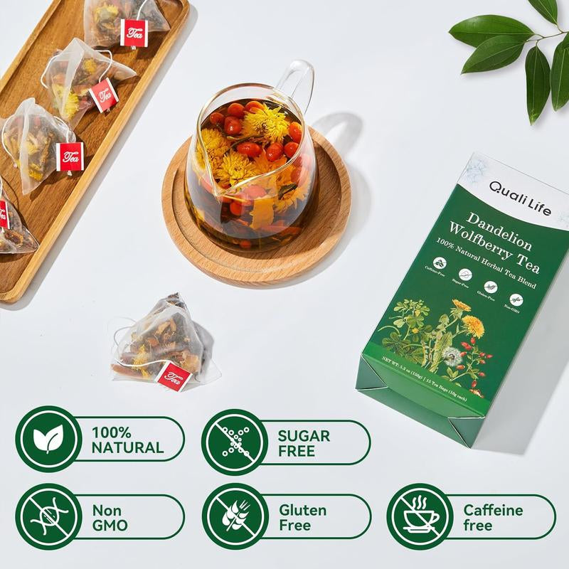 Quali Life Dandelion Wolfberry Tea Bags for Liver & Kidneys Natural Herbal Blend with Dandelion Chrysanthemum Wolfberry Cassia Seed Licorice Orange Peel Gardenia