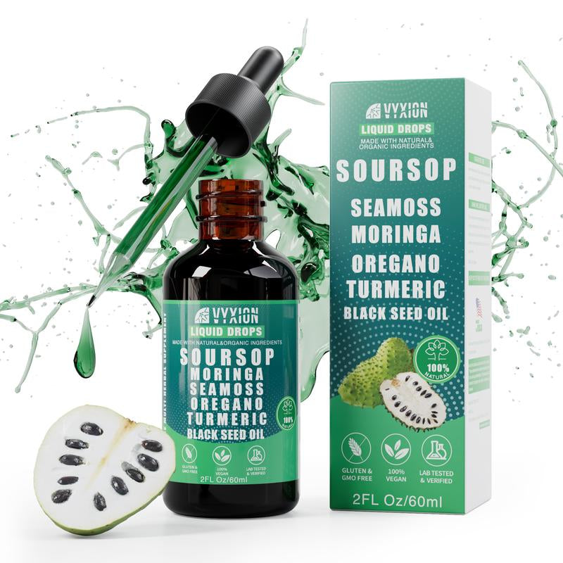 VYXION Pure Soursop 10 in 1 Liquid Drops Extract - Seamoss,Moringa,Black Seed Oil,Turmeric,Oregano Liquid Drops - Healthcare,Fitness,Natural Wellness Blend