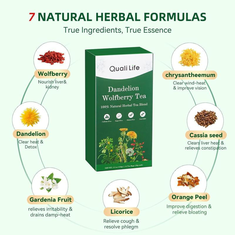 Quali Life Dandelion Wolfberry Tea Bags for Liver & Kidneys Natural Herbal Blend with Dandelion Chrysanthemum Wolfberry Cassia Seed Licorice Orange Peel Gardenia