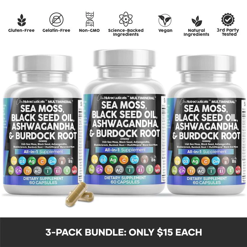 Clean Nutra Health & Wellness 3-Pack: Multimineral Sea Moss, Black Seed Oil, Ashwagandha & Turmeric Capsules for Optimal Fitness
