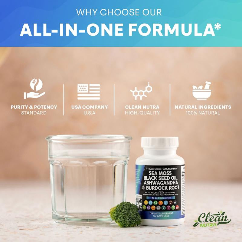 Clean Nutra 3-Pack | Multimineral Sea Moss, Black Seed Oil, Ashwagandha & Turmeric – Health & Wellness Supplement Capsule Healthcare Edible Fitness