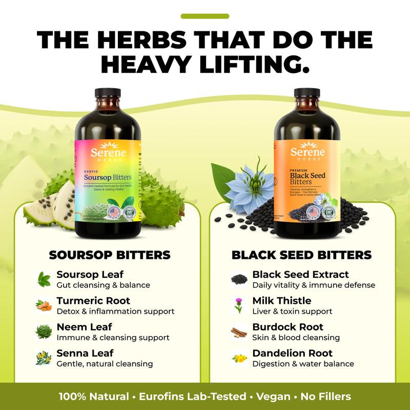 Serene Herbs Soursop & Black Seed Bitters Bundle | Organic Herbal Detox for Digestive Health Gut Healthy Booster Immune Support & Energy | Non-Gmo, Vegan (32 Fl Oz, 16 Fl Oz Each)