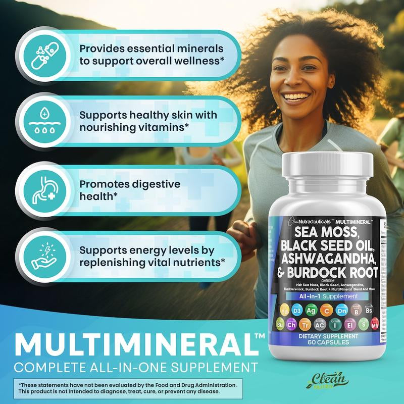 Clean Nutra 3-Pack | Multimineral Sea Moss, Black Seed Oil, Ashwagandha & Turmeric – Health & Wellness Supplement Capsule Healthcare Edible Fitness