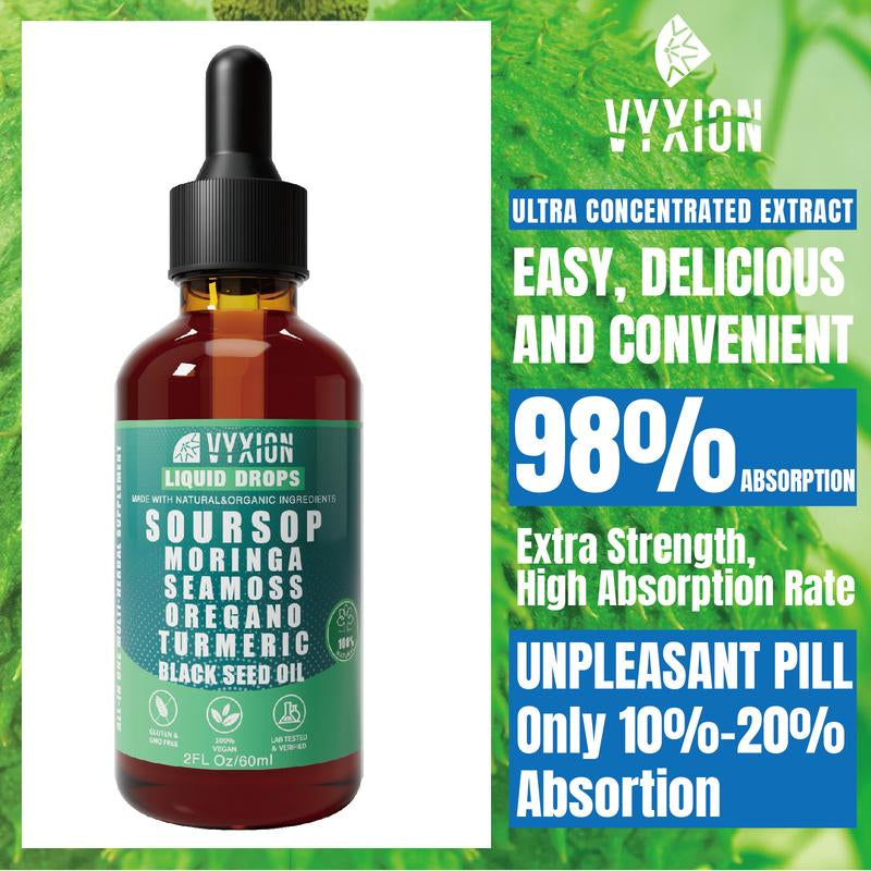 VYXION Pure Soursop 10 in 1 Liquid Drops Extract - Seamoss,Moringa,Black Seed Oil,Turmeric,Oregano Liquid Drops - Healthcare,Fitness,Natural Wellness Blend