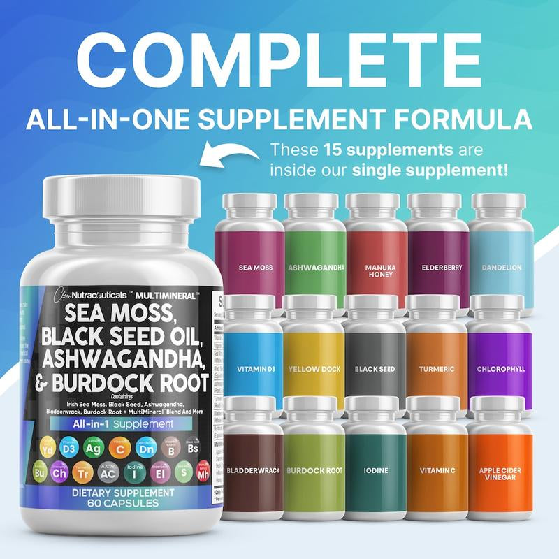 Clean Nutra 3-Pack | Multimineral Sea Moss, Black Seed Oil, Ashwagandha & Turmeric – Health & Wellness Supplement Capsule Healthcare Edible Fitness