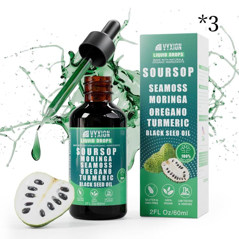 VYXION Pure Soursop 10 in 1 Liquid Drops Extract - Seamoss,Moringa,Black Seed Oil,Turmeric,Oregano Liquid Drops - Healthcare,Fitness,Natural Wellness Blend