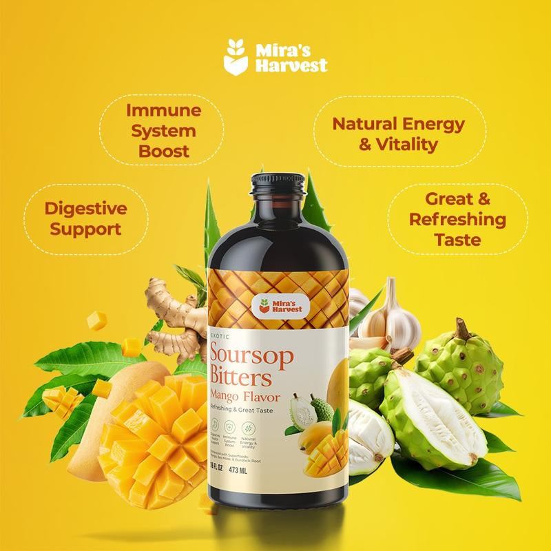 Mira'S Harvest Soursop Bitters Mango Flavor, Premium Grade, Immune Boost, Refreshing Taste, Digestive Boost, Energy Boost