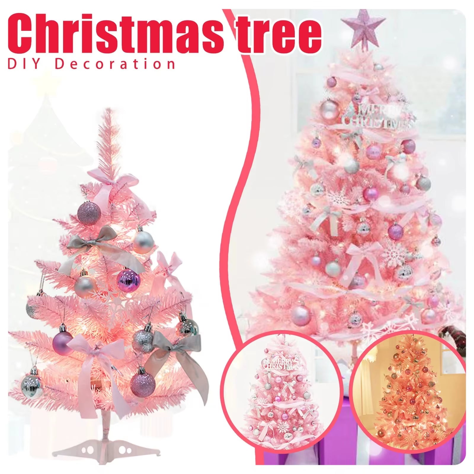 60CM Christmas Tree Set Pink Pointed Christmas Tree Artificial Christmas Tree with Lights Christmas Decorations for Home