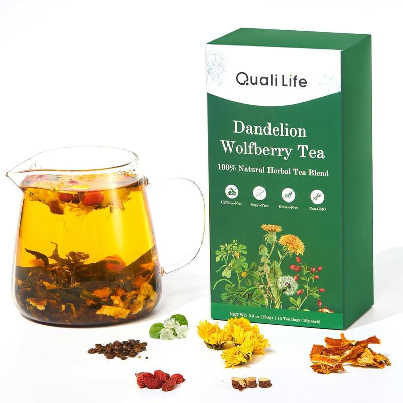Quali Life Dandelion Wolfberry Tea Bags for Liver & Kidneys Natural Herbal Blend with Dandelion Chrysanthemum Wolfberry Cassia Seed Licorice Orange Peel Gardenia