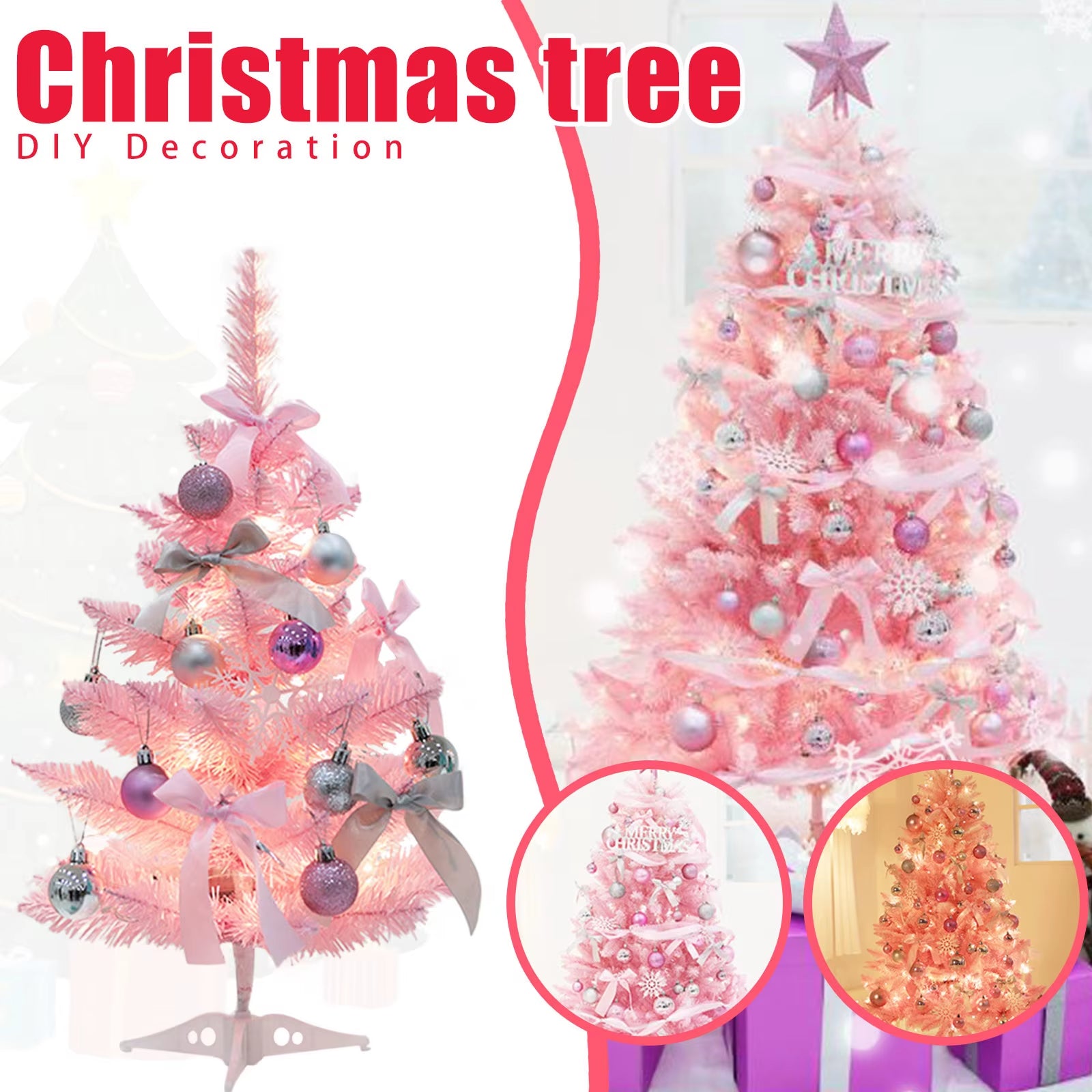 60CM Christmas Tree Set Pink Pointed Christmas Tree Artificial Christmas Tree with Lights Christmas Decorations for Home
