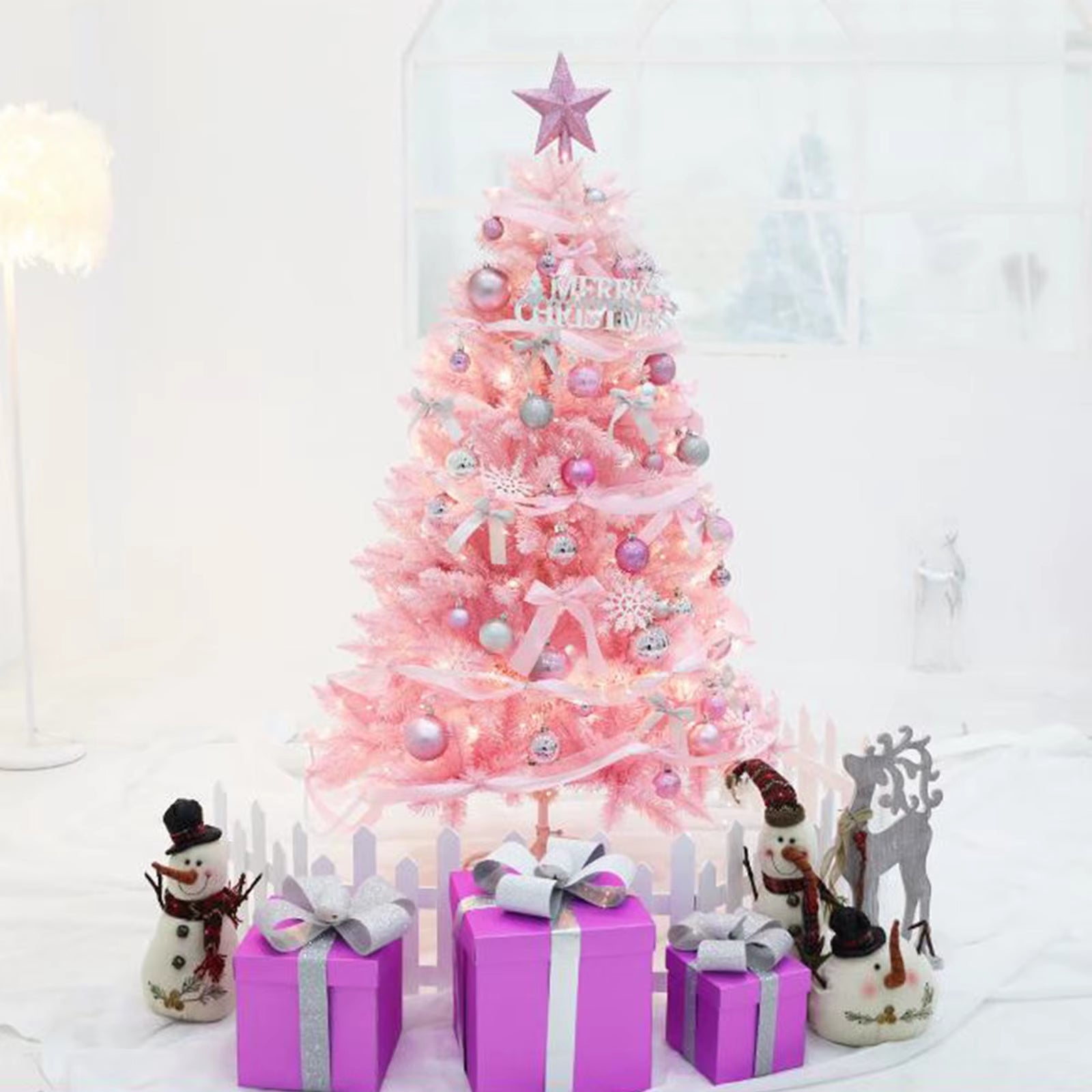 60CM Christmas Tree Set Pink Pointed Christmas Tree Artificial Christmas Tree with Lights Christmas Decorations for Home
