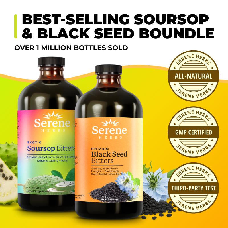 Serene Herbs Soursop & Black Seed Bitters Bundle | Organic Herbal Detox for Digestive Health Gut Healthy Booster Immune Support & Energy | Non-Gmo, Vegan (32 Fl Oz, 16 Fl Oz Each)