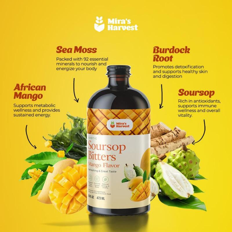 Mira'S Harvest Soursop Bitters Mango Flavor, Premium Grade, Immune Boost, Refreshing Taste, Digestive Boost, Energy Boost