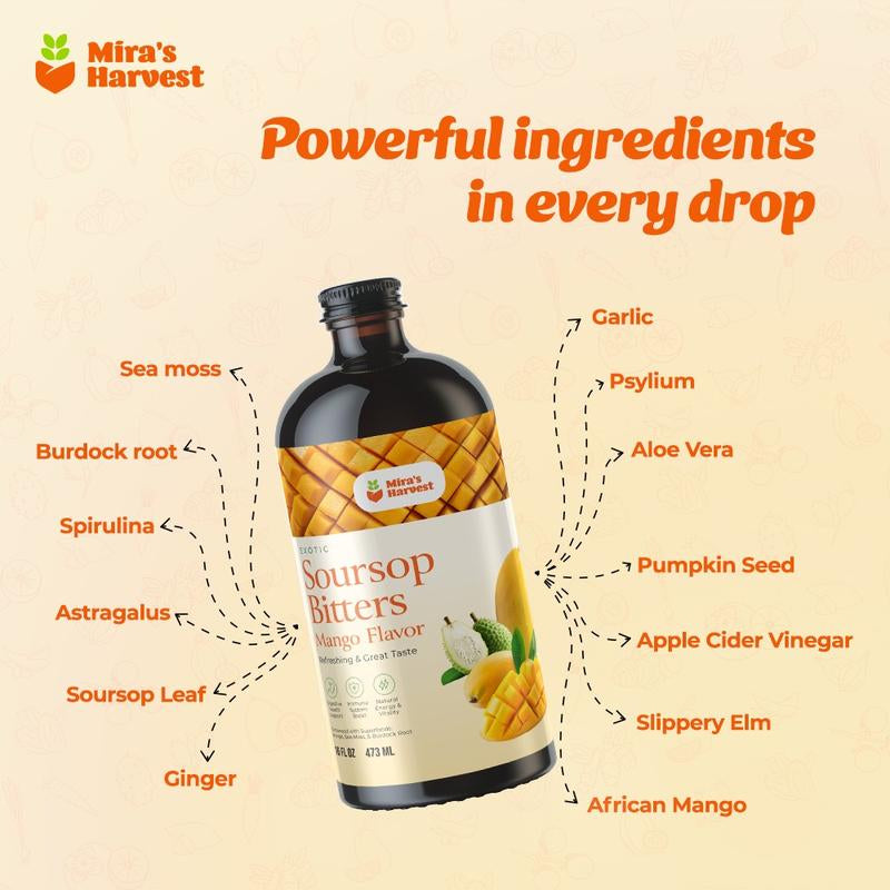 Mira'S Harvest Soursop Bitters Mango Flavor, Premium Grade, Immune Boost, Refreshing Taste, Digestive Boost, Energy Boost