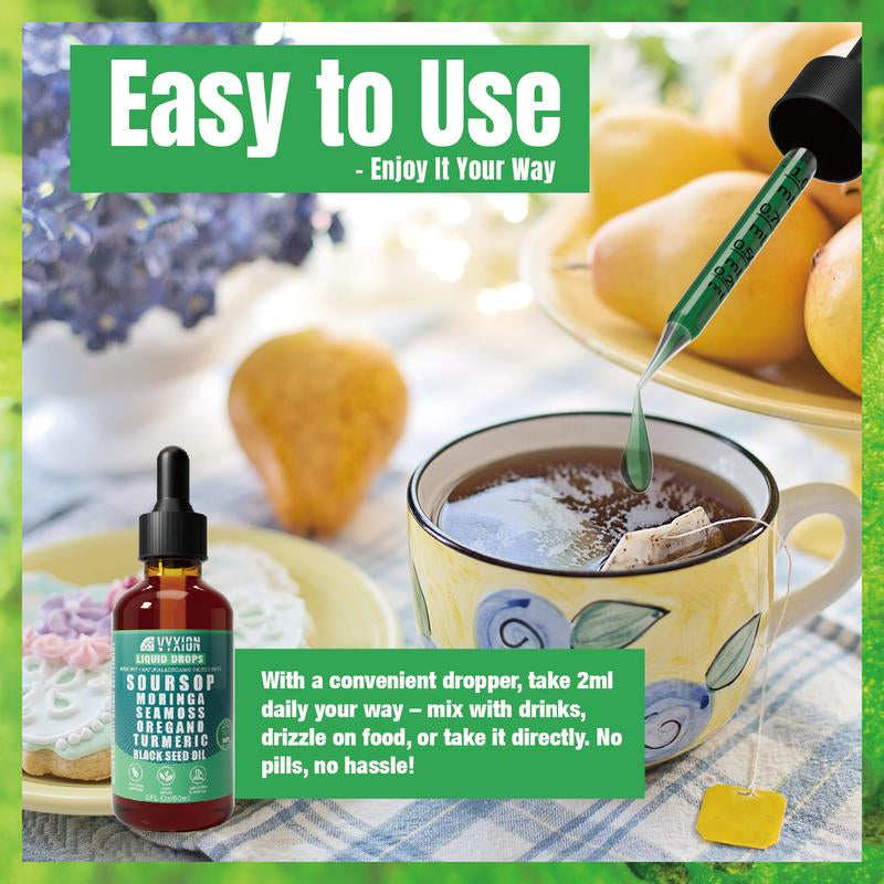 VYXION Pure Soursop 10 in 1 Liquid Drops Extract - Seamoss,Moringa,Black Seed Oil,Turmeric,Oregano Liquid Drops - Healthcare,Fitness,Natural Wellness Blend